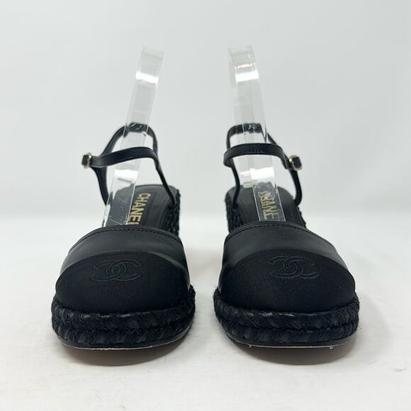 Chanel Lambskin Grosgrain CC Cap Toe Wedge Espadrilles Black Size 37 - Picture 12 of 13